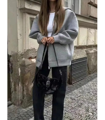 HH automne femmes gris veste avec capuche à manches longues grande poche veste à glissière mant