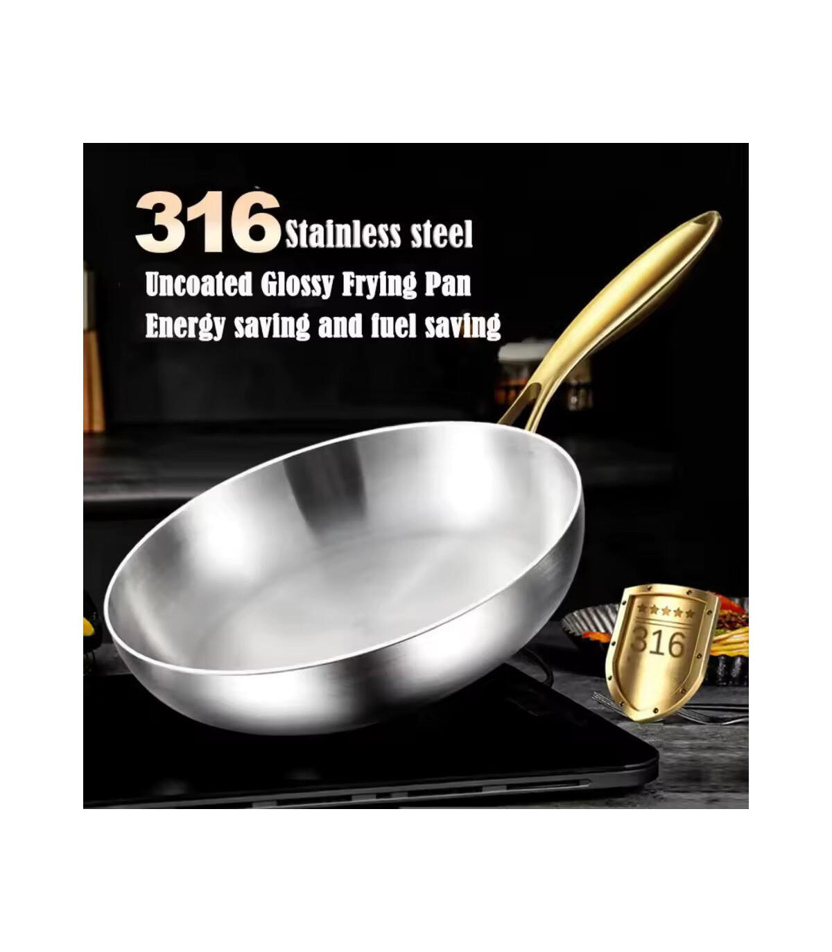 Poêle à frire de cuisine en acier inoxydable 316, poêle à frire antiadhésive non revêtue, marmi