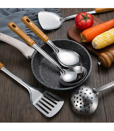 outil cuisine, manche bois, ustensile, design élégant, acier inoxydable