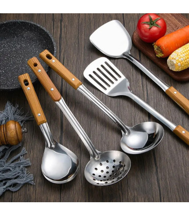 outil cuisine, manche bois, ustensile, design élégant, acier inoxydable