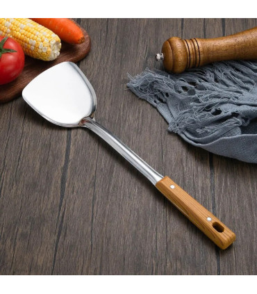 outil cuisine, manche bois, ustensile, design élégant, acier inoxydable