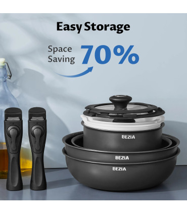 poêles, casseroles, plaques de cuisson, poignées amovibles, empilable, batterie