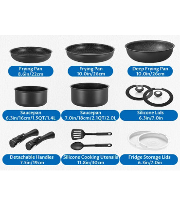 poêles, casseroles, plaques de cuisson, poignées amovibles, empilable, batterie