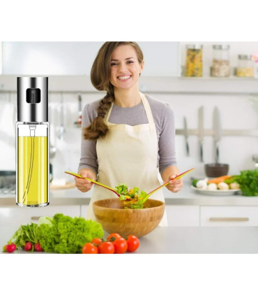 verre alimentaire, gril, friteuse à air, huile d'olive, salade, acier