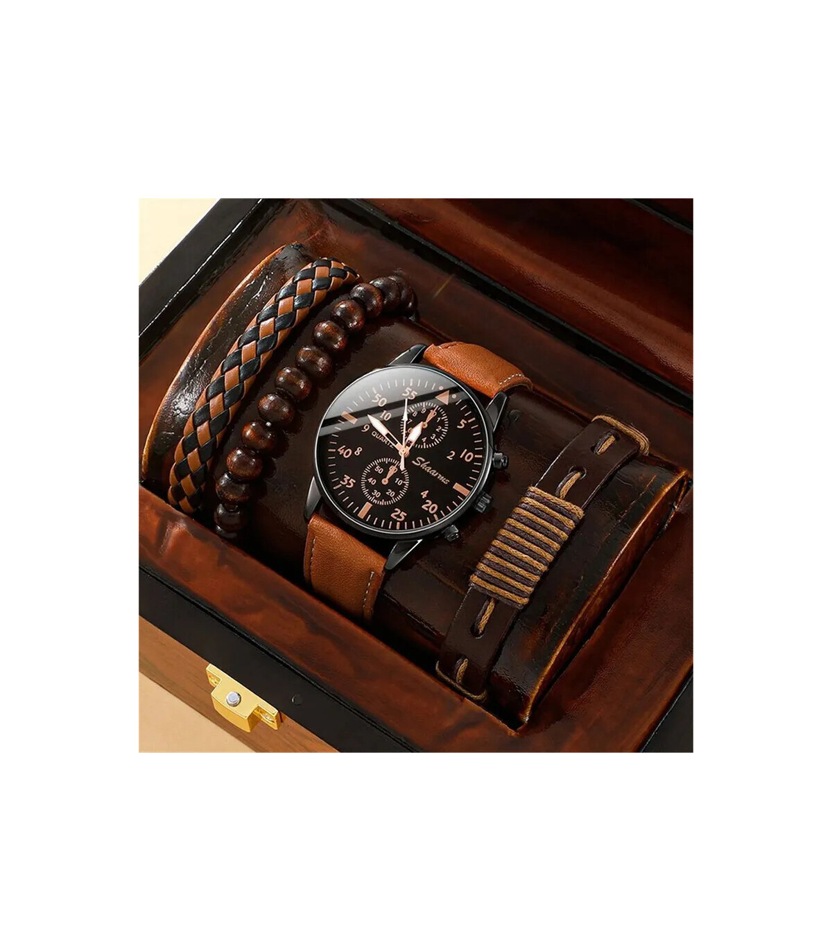 [BROWN] Nouveau Hommes Montre De Luxe Bracelet Ensemble Mode D\'affaires Brun En Cuir Quartz Mon