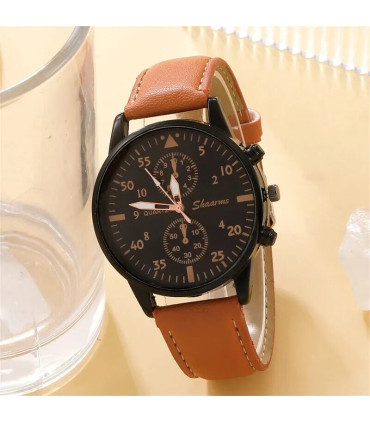 [BROWN] Nouveau Hommes Montre De Luxe Bracelet Ensemble Mode D\'affaires Brun En Cuir Quartz Mon