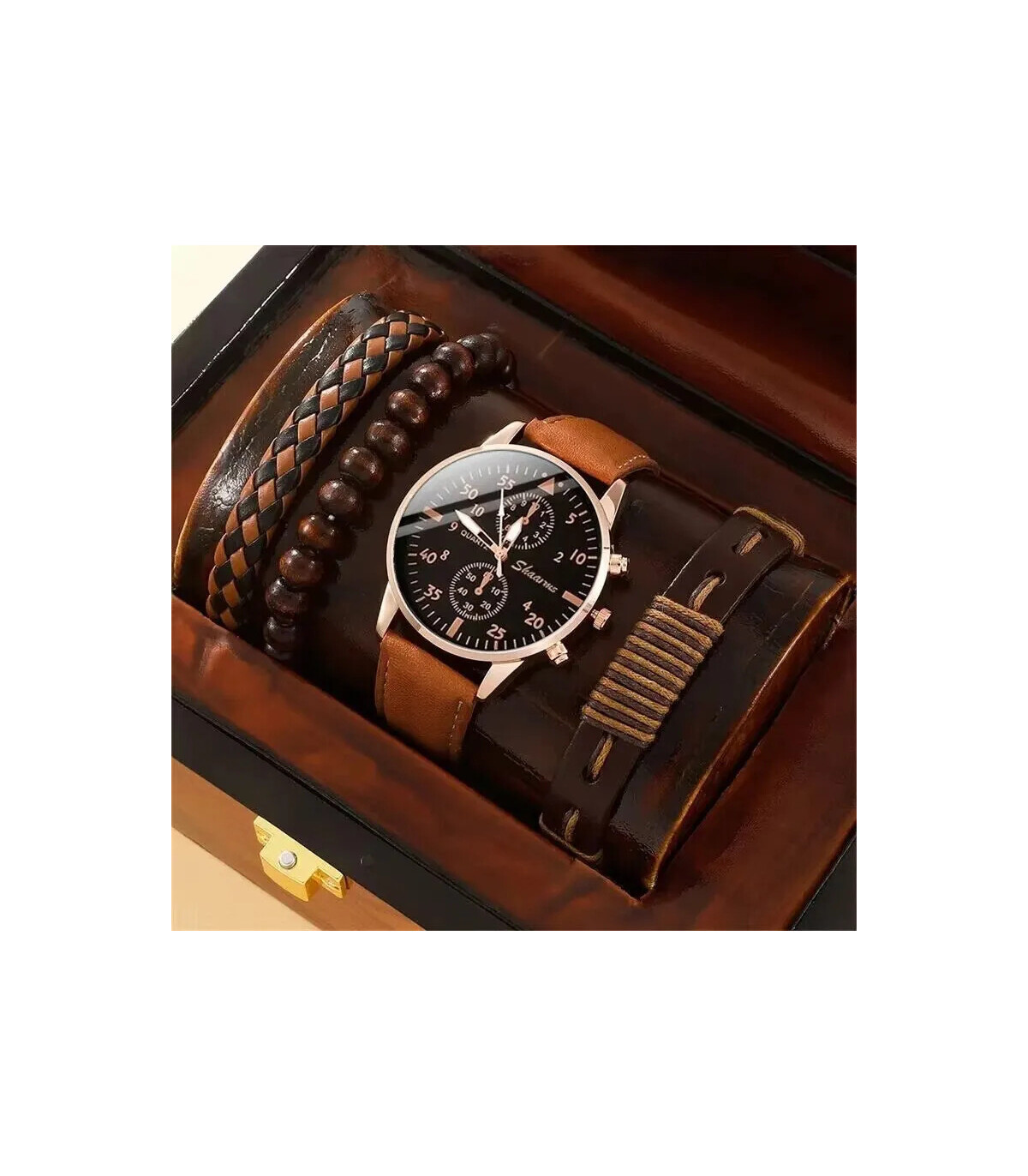 [Black] Nouveau Hommes Montre De Luxe Bracelet Ensemble Mode D\'affaires Brun En Cuir Quartz Mon