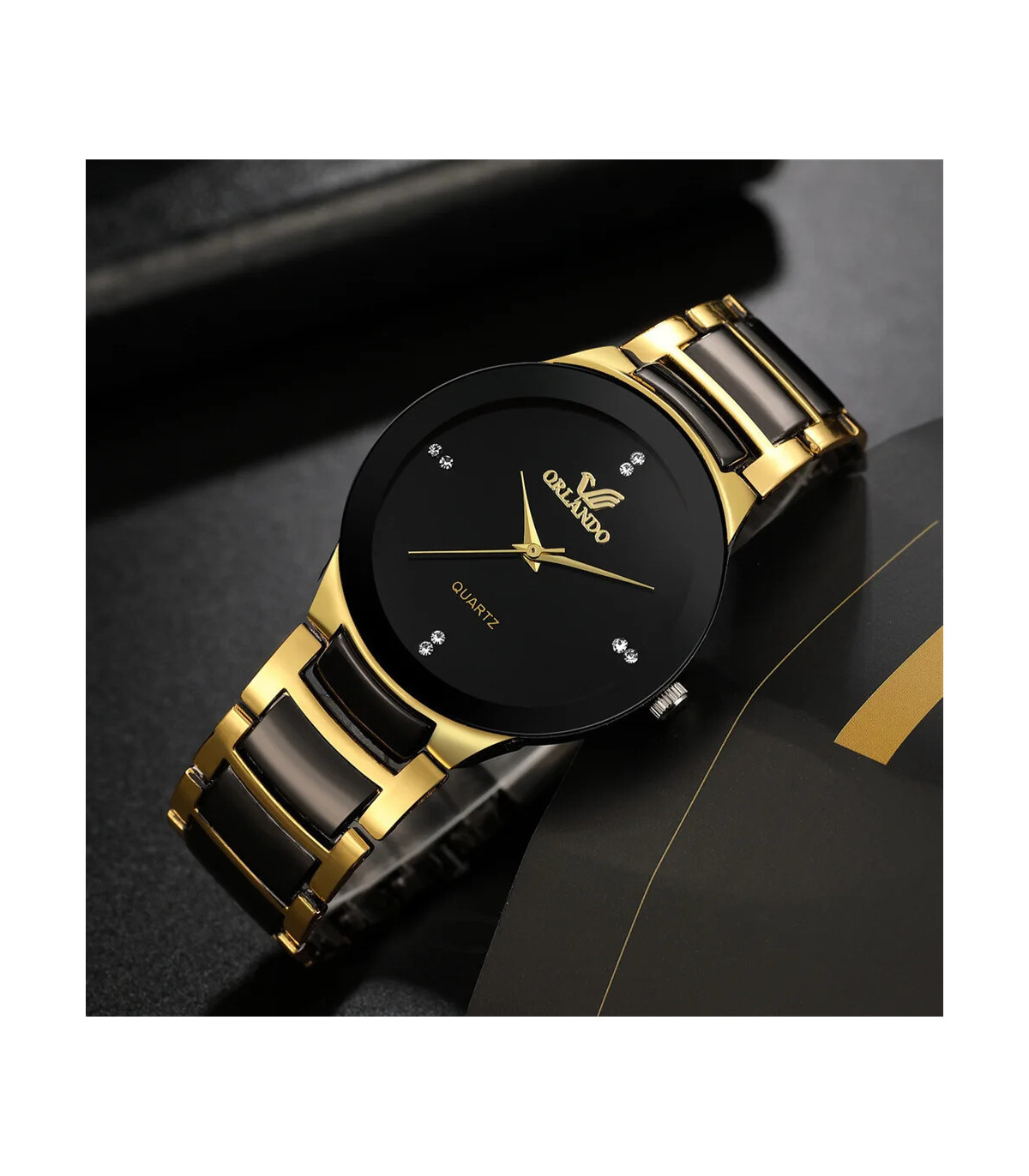 [HS] Montre d\'affaires à quartz en acier pour hommes, cadran noir, offre spéciale