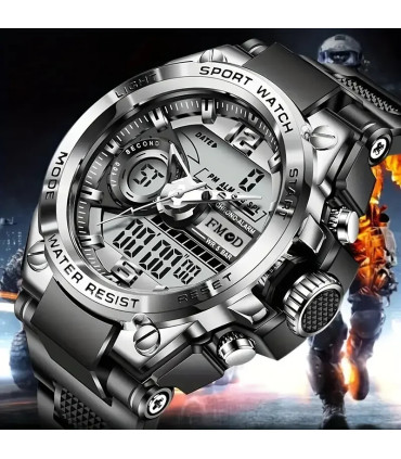 [Silver black] Montre-bracelet militaire numérique en acier pour hommes, horloge à Quartz LED, 