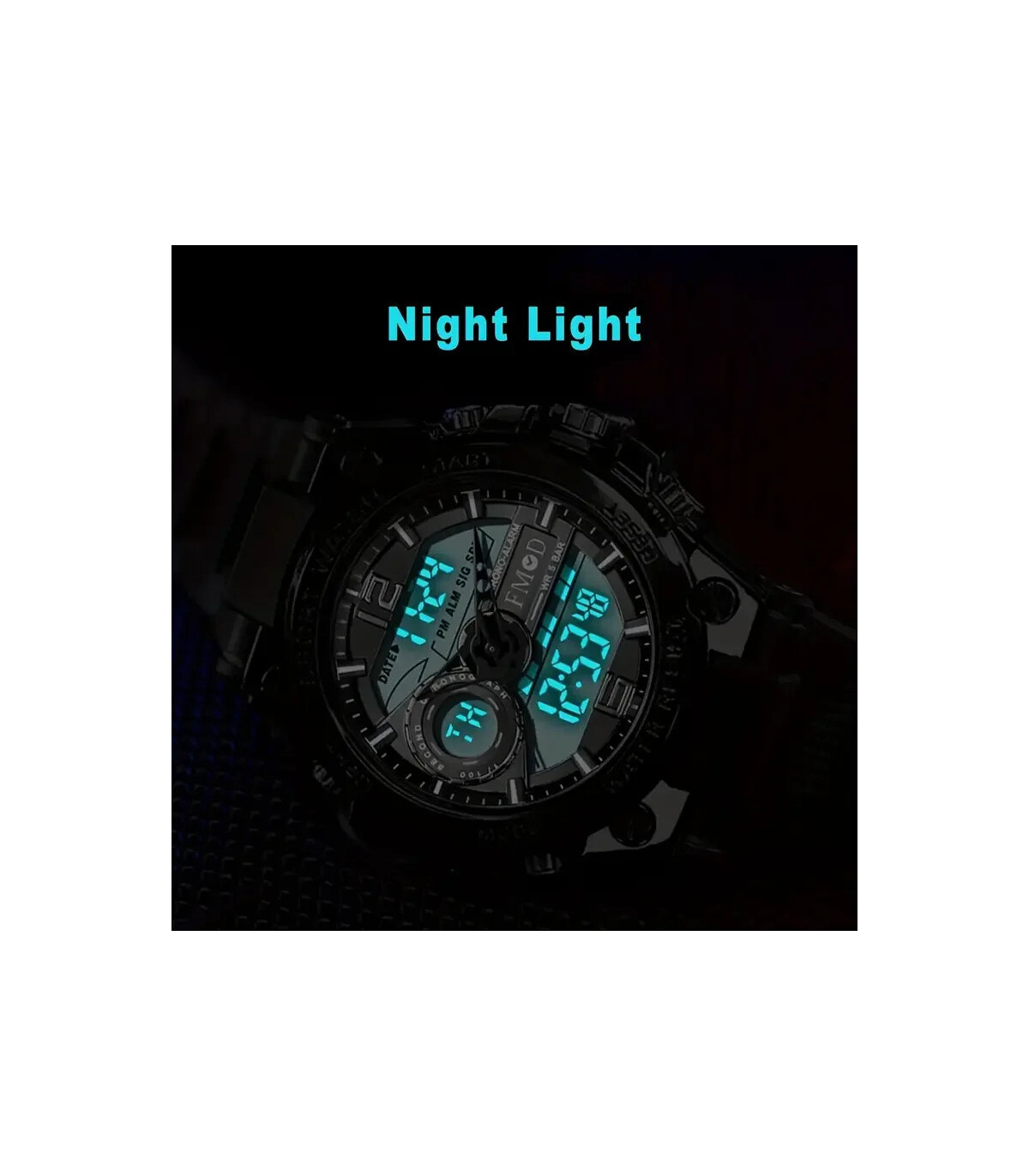 [Bleu] Montre-bracelet militaire numérique en acier pour hommes, horloge à Quartz LED, montre d