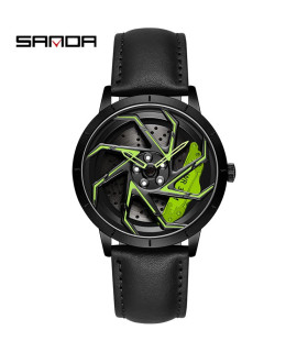 [Leather Black Green], SANDA, design jante, montre, quartz, étanche, acier