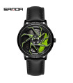 MAXIBAZARE.COM - [Leather Black Green] SANDA-Waterproof stainless steel sports watch for men, green bezel.