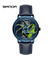 MAXIBAZARE.COM - [Leather Blue Green] Montre Sport Homme Étanche SANDA, Acier Inoxydable, Jante Voiture, Résistante, Mode