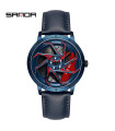 MAXIBAZARE.COM - [Leather Blue Red] Montre Sport Étanche Homme SANDA, Acier Inoxydable, Design Jante Voiture
