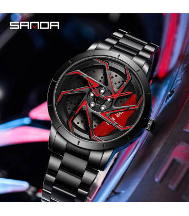 [Leather Blue Red] SANDA-Montre de sport étanche en acier inoxydable pour homme, jante de voitu