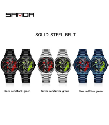 [Steel Blue Red] SANDA-Montre de sport étanche en acier inoxydable pour homme, jante de voiture