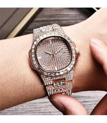 [Argent Oui] Montre de luxe vintage pour homme, bracelet en alliage, diamant, doré, date, quart