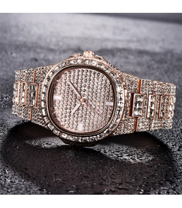 [Rose Oui] Montre de luxe vintage pour homme, bracelet en alliage, diamant, doré, date, quartz,